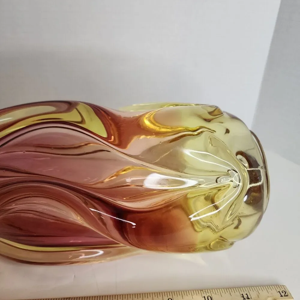 Vintage Hand Made Bohemia Glass Czech Republic Twisted Glass Vase Amber/Pink